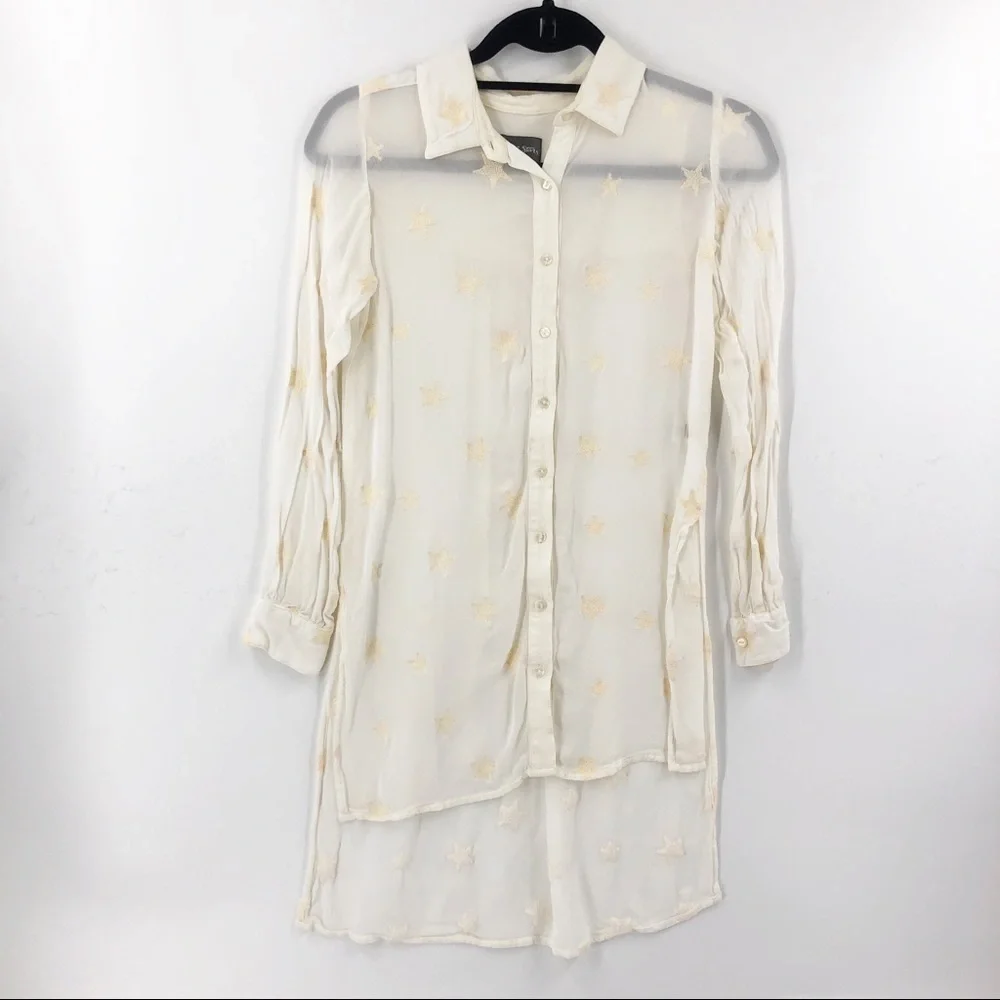 ✅ Michael Stars Star‎ Embroidered Long Sleeve Top SEMI-SHEER SIZE X-SMALL - Picture 2 of 8
